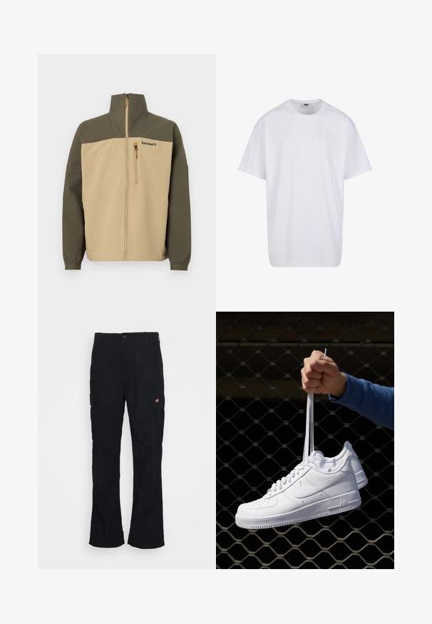 Beige ja oliivroheline tõmblukuga jakk kõrge kraega, elastsete varrukate ja rinna peal tõmblukuga taskuga, millel on Timberlandi logo.; Valge puuvillane t-särk lühikeste varrukatega, ümmarguse kaelusega, lõdva lõikega ja ilma nähtavate logodeta või mustriteta. Sile tekstuur ja minimaalne disain.; Mustadest kottpükstest, mis on sirge lõikega, valmistatud vastupidavast kangast, küljetaskute ja vasakul küljel oleva logoga.; Valged nahast tennisetossud, millel on perforatsioonid, ümar nina, lame tallus ja paksud nöörid, nähtava swooshi logoga ja "AIR" kontsadel.