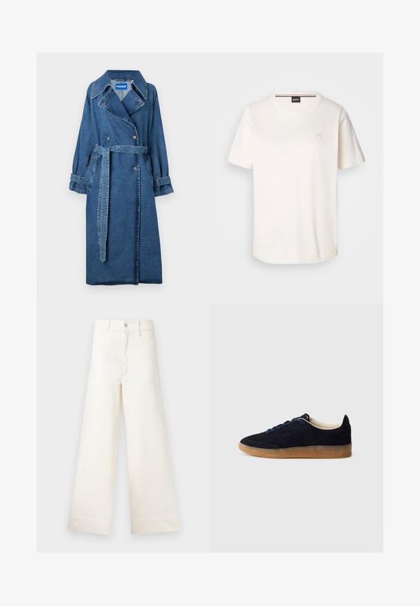 Denim plašč v srednji modri barvi z zapenjanjem v pasu, velikim ovratnikom, dvojno zapenjanjem spredaj in zavitimi rokavi. Ima kontrastne šive.; Bela bombažna majica s kratkimi rokavi, okrogel izrez in majhnim logotipom na prsih. Gladka textura in ravni rob.; Široke hlače iz svetlo bež bombaža. Imajo visoko pas, sprednje žepke in ravno krojenje. Čist zaključek brez vzorcev.; Temno modni semiš športni copat z gumijastim podplatom, modrimi vezalkami in minimalističnim dizajnom. Na strani je vrezan logotip in notranjost je gladka.
