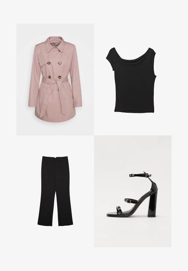 Ružový trenčkot s klasickým golierom, dvojitými gombíkmi a opaskom v páse. Má hladkú látku s prednými vreckami a prispôsobený strih.; Čierny krátky rukáv top vyrobený z hladkej tkaniny; má prehnutý výstrih a asymetrický lem, s priliehavým telom.; Čierne nohavice so strihom rovného strihu, s prednými vreckami a bočnými rozparkami na leme. Vyrobené z mäkkej, hladkej tkaniny. Vhodné na rôzne príležitosti.; Čierne lakované sandále na podpätku so štvorcovou špičkou, navlečenými remienkami okolo členku a striebornými prackami. Disponujú masívnym blokovým podpätkom pre stabilitu.