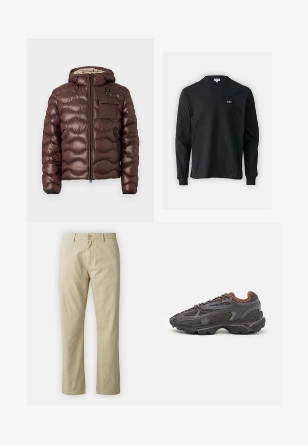 Braune Pufferjacke mit Kapuze, gesteppter Design und einem Frontreißverschluss. Verfügt über eine Brusttasche und seitliche Reißverschlusstaschen mit elastischen Bündchen.; Schwarzes Langarm-T-Shirt aus Baumwolle, mit Rundhalsausschnitt und einem kleinen grünen, gestickten Krokodil-Logo auf der linken Brust.; Beige Baumwollhose mit geradem Bein, mit vorderem Knopfverschluss und Gürtelschlaufen. Glatte Textur, keine sichtbaren Muster oder Akzente.; Lacoste Sneaker in Dunkelgrau aus Mesh und Synthetikmaterial, mit einer strukturierten Sohle und braunen Akzenten am Kragen und Logo.