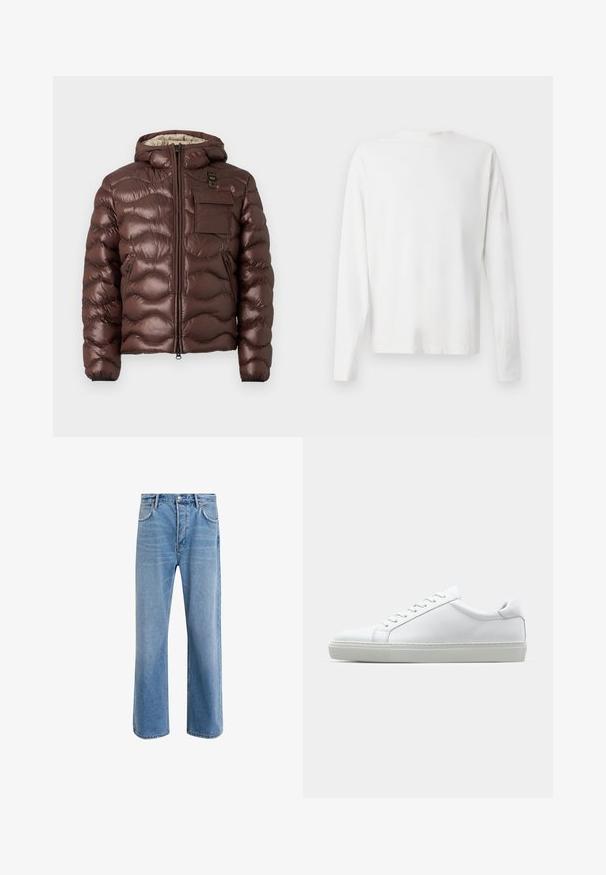 Giacca a vento marrone con cappuccio, design trapuntato e zip frontale. Presenta una tasca sul petto e tasche laterali con zip, oltre a polsini elasticizzati.; Camicia bianca in cotone a maniche lunghe con scollatura rotonda, spacchi laterali in fondo e una texture liscia, mostrata da dietro.; Jeans in denim blu chiaro con design a gamba dritta, cinque tasche, chiusura con bottone, leggero sbiadimento e dettagli di cucitura a contrasto.; Sneaker bianco con tomaia in pelle liscia e profilo basso. Presenta una punta arrotondata, sei occhielli e una suola in gomma testurizzata.