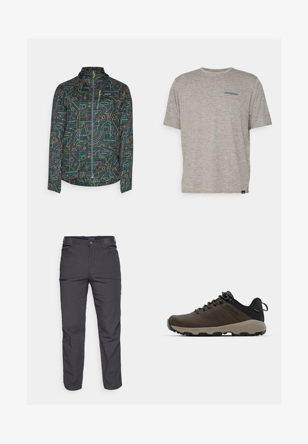 Patagonia HOUDINI - Cortaviento - nouveau green; Camiseta gris de manga corta hecha de una tela suave y texturizada, que presenta un pequeño logotipo azul de Patagonia en el lado izquierdo del pecho. Sin patrones adicionales.; Pantalones oscuros de color gris, hechos de un tejido duradero, que cuentan con un bolsillo con cremallera, corte recto y trabillas para cinturón para un ajuste ajustable.; Zapatillas impermeables marrones con parte superior texturizada, acentos perforados, soporte para el talón negro y suela de goma gris. Los cordones tienen extremos metálicos.