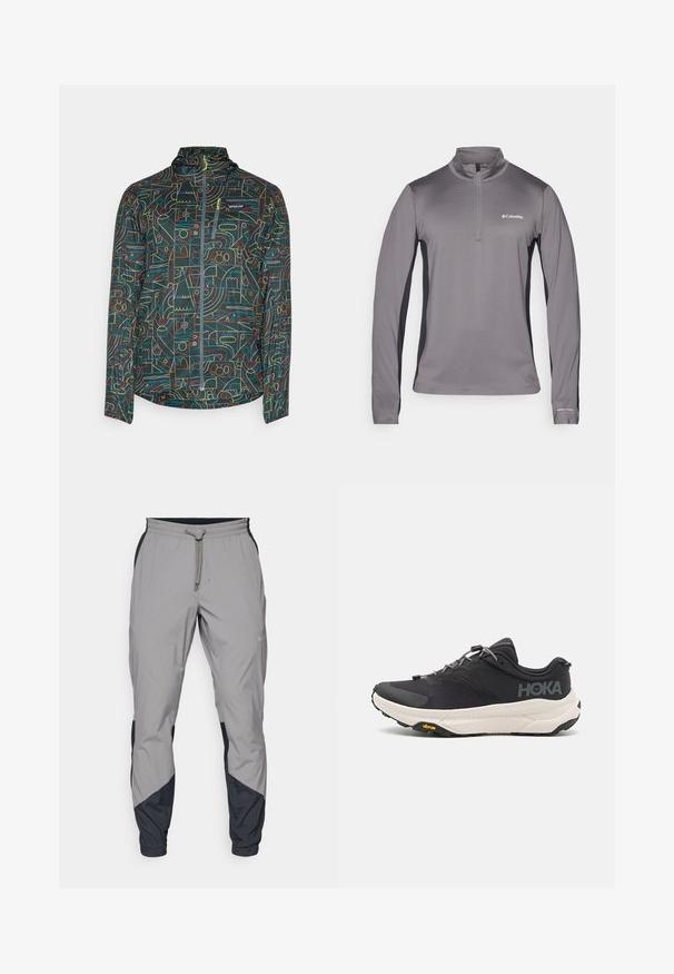 Patagonia HOUDINI - Corta-vento - nouveau green; Pullover cinza de manga longa com fecho de meio, tecido texturizado, painéis laterais pretos em contraste e pequeno logótipo no peito.; Calças de treino leves e cinzentas com detalhes pretos. Cintura elástica, fecho com cordão, design de perna afunilada e bolsos laterais.; Sapatilha atlética preta com parte superior texturizada, detalhes cinzentos, elementos refletivos e uma sola branca espessa com a marca Vibram.