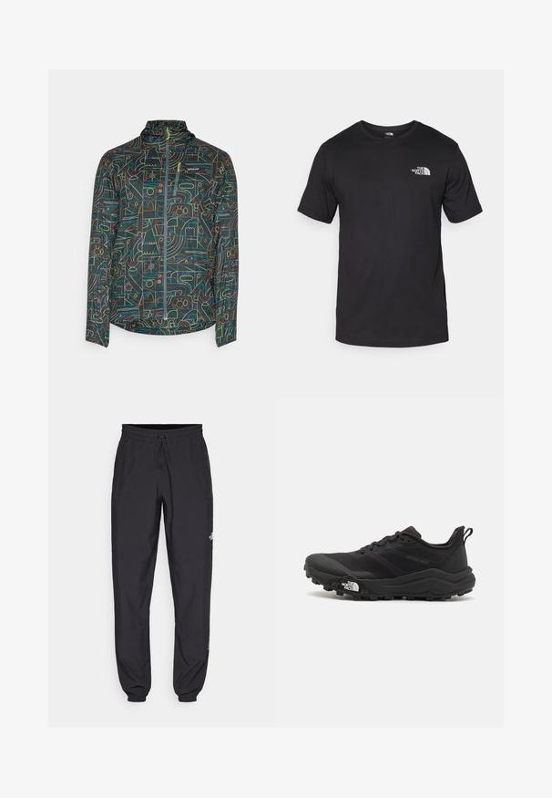 Patagonia HOUDINI - Vjetrovka - nouveau green; Crna majica kratkih rukava od pamuka, s okruglim izrezom i malim bijelim logotipom na gornjem lijevom dijelu prsnog koša.; Crne sportske hlače od lagane tkanine, s pojasom na vezanje, bočnim džepovima i suženim manžetama na gležnjevima.; Crne trail trkačke cipele s teksturiranim gornjim dijelom, gumeni potplat i ojačana zaštita za prste. Imaju podstavljen ovratnik i trakicu za lakše obuvanje.