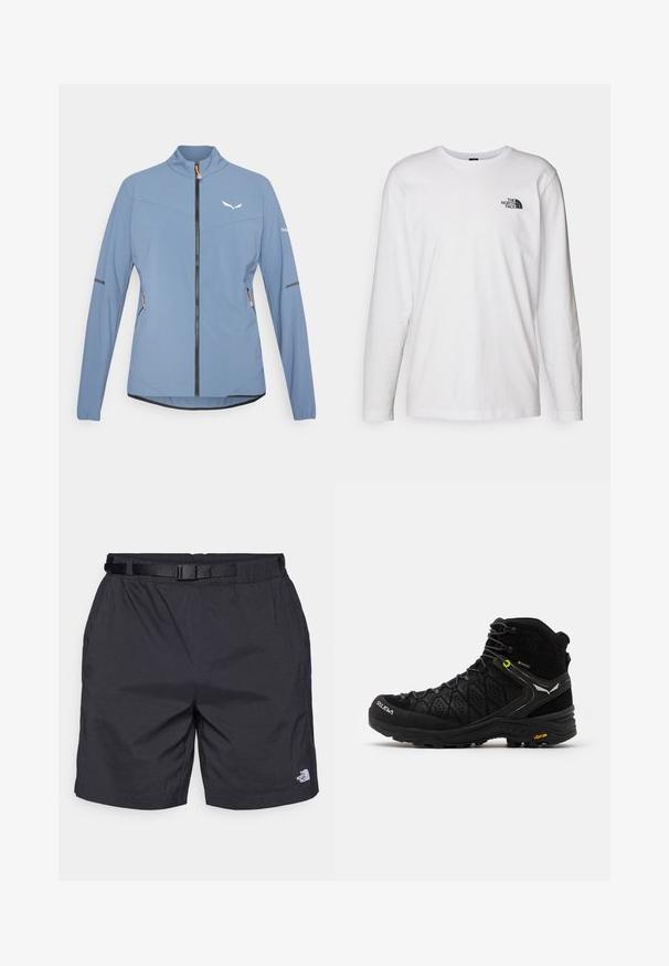 Lys blå jakke med høj krave, lynlås i fuld længde, sidelommer og sort trim ved kanten. Har reflekterende detaljer og et diskret logo.; Hvid langærmet T-shirt lavet af bomuld med rund hals. Har et lille sort logo på brystet. Glat tekstur, almindelig pasform.; Sort letvægts shorts med en afslappet pasform, der har et justerbart bælte, sidelommer og North Face-logoet på den nederste højre ben.; Sort vandrestøvle med struktureret overdel, forstærket tå og Vibram-sål. Snøresystemet inkluderer kroge for en sikker pasform.