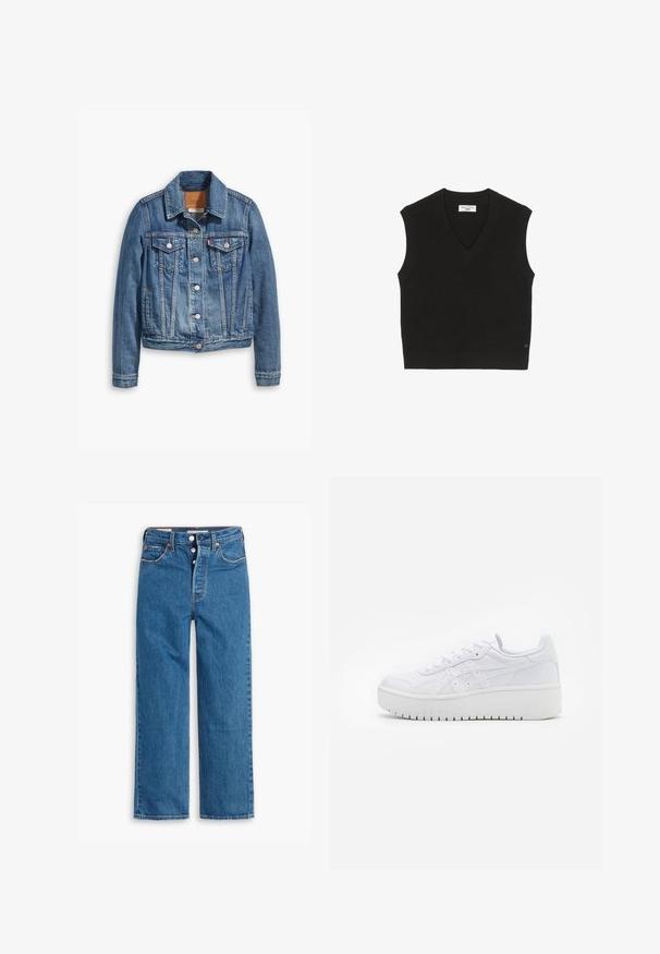 Vaaleansininen farkkutakki perinteisellä muotoilulla, jossa on kaulus, kaksi rintataskua ja hopeiset napit.; Mustat neulotut ilman hihoja yläosat, joissa on raidoitettu pinta, V-kaula-aukko ja pieni merkkilappu edessä.; Siniset farkut suoran lahkeen muotoilulla, korkea vyötärö, viisi taskua ja napitus. Huomattava ompelu ja kuparinsävyiset niitit.; Valkoiset platofom-nikeet, joissa on sileä nahkapinta, reikiin leikattu yksityiskohta ja litteät nauhat; paksu valkoinen kumipohja.