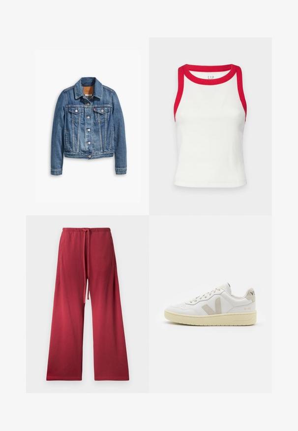 Világoskék farmerdzseki klasszikus kivitelben, gallérral, két mellzsebbel és ezüst gombos záródással.; Fehér bordázott ujjatlan trikó piros díszítéssel a nyakán és a karöltőin. Feszes fazon, egyenes alj. Texturált anyag. Márka logója látható.; Piros, bő szabású nadrág puha anyagból, rugalmas derékkal és zsinórral, valamint oldalsó zsebekkel a kényelem érdekében.; Fehér bőr sneaker bézs velúr részletekkel, perforált orr résszel, lapos fűzőkkel és textúrált krémszínű talppal. Finom márkajelzés található a sarkán.