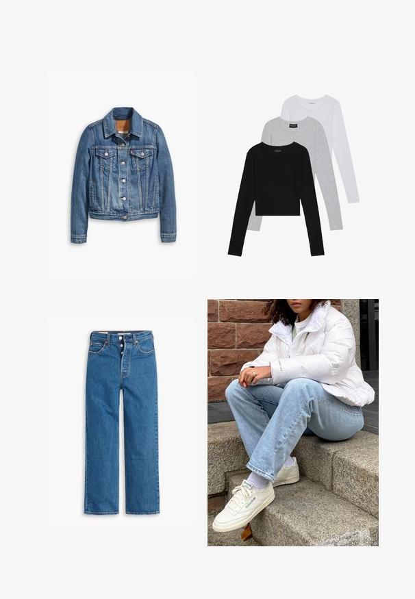 Lyseblå denimjakke med klassisk design, som har krage, to brystlommer og sølvfargede knapper.; Tre lange ermer t-skjorter stablet: svart, grå og hvit. Hver har en rund hals og et kort design med glatt, lett stoff.; Blå denim straight-leg jeans med høy midje, fem lommer, og knappestolpe. Merkbar søm og kobberfargede nagler.; Hvitt puffjakke med høy krage, lyseblå denimjeans og hvite Reebok-sneakers. Teksturert steintrapp i bakgrunnen.
