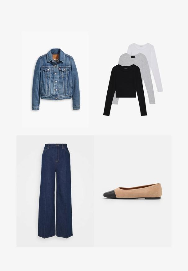 Hele sinise denimhulga klassikalise disainiga, millel on krae, kaks rinna taskut ja hõbedased nööbid.; Kolm pikkade varrukatega toppi, mis on üksteise peale asetatud: must, hall ja valge. Igal ühel on ümar kaelus ja lühike disain, valmistatud siledast, kergekaalulisest kangast.; Kõrge vöökohaga laiad tumesinised teksapüksid, millel on ees- ja tagataskud, nööpide sulgemine ning nähtavad õmblusdetailid.; Beežist nubukist balletkingad musta nahast ümara ninaotsaga, madala kanna ja siledaga, millel on minimaalne õmblus ja lihtne disain.