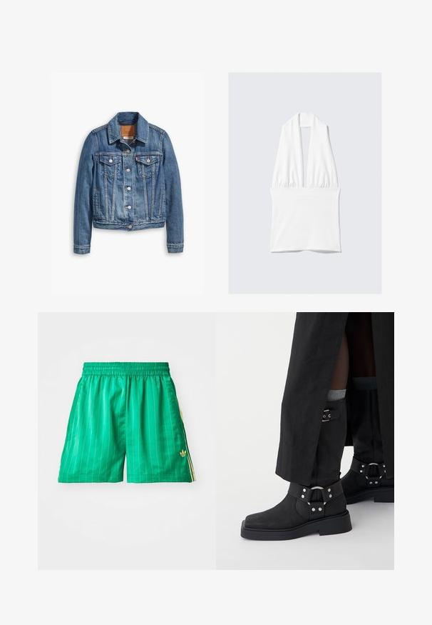 Ljust blå denimjacka med en klassisk design, som har en krage, två bröstfickor och silverfärgade knapplåsgångar.; Vit ärmlös topp med djup V-ringning och samlad detalj vid midjan. Tillverkad av ett mjukt tyg, har den en behaglig struktur och minimalistisk design.; Gröna sportshorts med vita vertikala ränder, elastisk midja och gula sidodetaljer. Har en liten guldig logotyp på nedre vänstra sidan.; Svarta ankelstövlar i läder med en matt yta, fyrkantig tå och dekorativa spännen. Sulan är kraftig och texturerad.