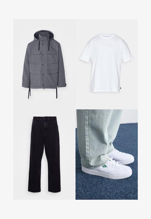 Veste imperméable grise avec capuche, quatre poches avant, boutons-pression et cordons ajustables à la taille et aux poignets. Tissu texturé.; T-shirt en coton blanc à manches courtes et col rond. Présente un petit logo Nike subtil sur la poitrine et une étiquette sur le côté.; Pantalons en denim noir avec une coupe droite, dotés d'une fermeture à bouton et à zip, de passants de ceinture et de coutures minimales.; Baskets en cuir blanc avec logo Nike vert, bout rond, semelle plate, associées à un pantalon en denim bleu clair, présentées sur un tapis bleu.