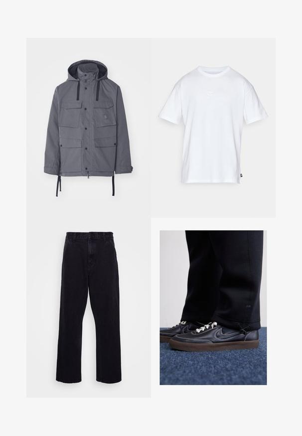 Harmaa vedenpitävä takki, jossa on hupun, neljä etutaskua, napit ja säädettävät kiristysnyörit vyötäröllä ja hihoissa. Teksturoitu kangas.; Valkoinen puuvillainen t-paita, jossa on lyhyet hihat ja pyöreä kaula-aukko. Paidassa on pieni, huomaamaton Nike-logo rinnassa ja sivulappu.; Mustat farkut suoran lahkeiden muotoilulla, jossa on nappi- ja vetoketjukiinnitys, vyölenkit ja vähäiset ompeluyksityiskohdat.; Nike Sportswear KILLSHOT 2 LTR PRM OPP2 - Matalavartiset tennarit - black sail baroque brown mtlc dk grey