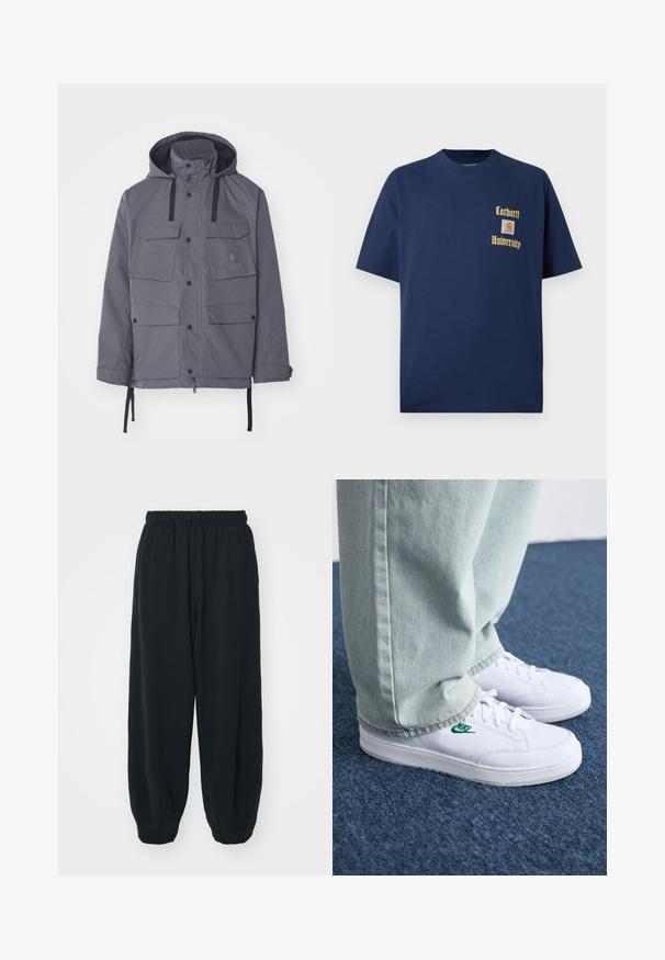 Pilkas nepralaidus vandeniui švarkas su gobtuvu, keturiomis priekinėmis kišenėmis, spaudėmis ir reguliuojamomis raištelėmis juosmens bei rankogalių srityse. Tekstūruota medžiaga.; Tamsiai mėlyna medvilninė marškinėliai trumpomis rankovėmis, su auksiniu tekstu "Carhartt University" ir logotipo siuviniu kairėje krūtinės pusėje.; Juodi, su elastiniu juosmeniu sportiniai kelnės su laisvu siluetu, suapvalintais kulkšnimis, lygia tekstūra ir be matomų raštų ar metalinių akcentų.; Balti odiniai sportbačiai su žaliu Nike logotipu, apvalia nosimi, plokščiu padu, derinami su šviesiai mėlynomis džinsinėmis kelnėmis, rodomi ant mėlynos kiliminės dangos.