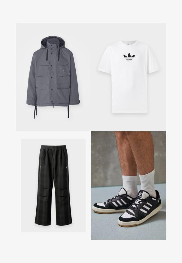 Grijze waterproof jas met een capuchon, vier voorzakken, drukknoopsluitingen en verstelbare trekkoorden bij de taille en mouwen. Textuurstof.; Witte katoenen T-shirt met een zwart Adidas-logo in het midden. Korte mouwen en een ronde hals. Gladde textuur.; Zwarte geruite broek met een elastische tailleband, twee voorzakken en een losse pasvorm met een rechte pijpdesign. Gemaakt van lichtgewicht materiaal.; Zwart-witte sneakers met een bovenwerk van suede en leer, voorzien van drie witte strepen, een geperforeerde neus en een rubberen gumzool.