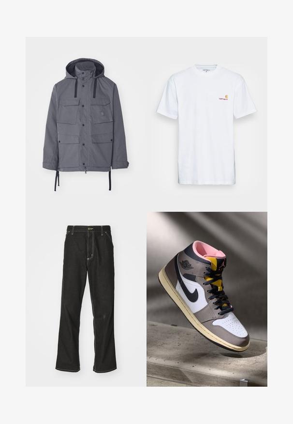 Siva vodootporna jakna s kapuljačom, četiri prednja džepa, kopče na dugmad i podesive povlačeće vrpce u struku i na manžetama. Tekstura tkanine.; Bijela pamučna majica s kratkim rukavima. Dizajnirana s malim narančastim i tamnocrvenim logom na lijevoj strani prsne šupljine. Ima klasični okrugli izrez.; Crne traperice s opuštenim krojem, s kontrastnim bijelim šavovima, zakovicom za zatvaranje i ravnim nogavicama.; Visoke Nike Air Jordan tenisice u bijeloj, sivoj i crnoj boji s ružičastim unutrašnjim dijelom i žutim jezikom, postavljene na betonskoj površini.
