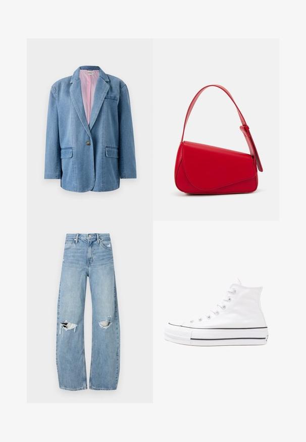 Ljusblå denimblazer med lös passform, enkel knappstängning, två framfickor och ett rosa innerfoder. Standardkrage och slag.; Svart oversized t-shirt med en grafik av en björn och texten "INTE SÖT MEN VILD" i fet, vit lettering. Tillverkad av bomull.; Ljusblå, högmidjade jeans i denim. Har vida ben, två slitna knäområden och klassisk femfickedesign.; Vit hög topp canvas sneaker med svart gummisulan, framsidan gummitåhätta och sex öglor för snören, med en ren, minimalistisk design.; Röd läderhandväska med en vinkelrät, geometrisk design. Har ett justerbart axelband och en klaffstängning med sydda detaljer.
