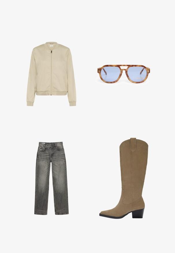 Beige bomber jacket with a front zipper, ribbed collar and cuffs, and side pockets. Smooth fabric with a matte finish.; Beige cropped sweater made of soft knit material. Features a round neckline, long sleeves, and ribbed cuffs and hem for added texture.; Gray denim jeans with a relaxed fit, featuring five pockets, subtle fading, and a straight leg design. Classic waistband with belt loops.; Knee-high tan suede boots with a pointed toe, stacked heel, and stitching detail along the sides. Smooth texture and structured design.; Tortoiseshell sunglasses with blue lenses, angular design, thick frame, and nose bridge cutout; features gold accent on the temple.