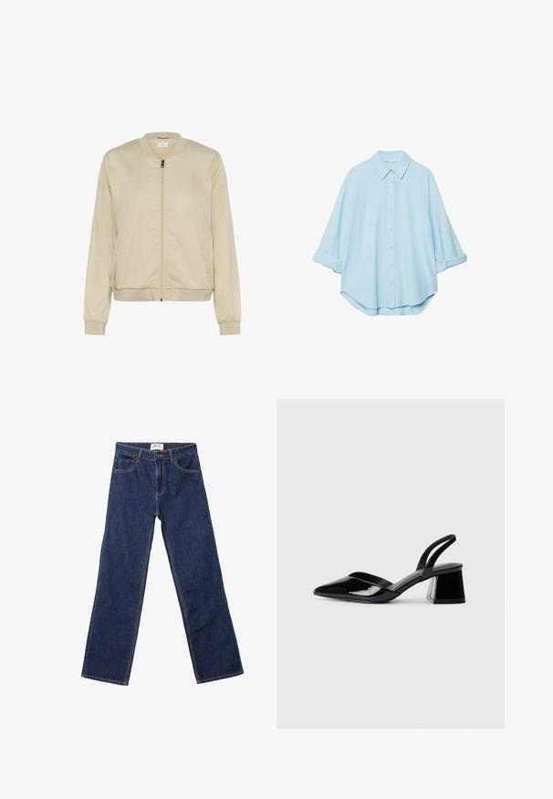 Béžová bomber bunda s predným zipsom, rebrovaným golierom a manžetami, a bočnými vreckami. Hladká tkanina s matným povrchom.; Svetlomodrá košeľa z jemnej látky, s klasickým golierom, zapínaním na gombíky v prednej časti a vyhrnutými rukávmi pre uvoľnený strih.; Tmavomodré džínsy so strihaným strihom, prednými vreckami, pútkami na opasok a zapínaním na gombík.; Čierne lakované kožené sandálové podpätky s špicatou špičkou a geometrickým blokovým podpätkom. Disponujú elegantným, minimalistickým dizajnom a hladkým povrchom.