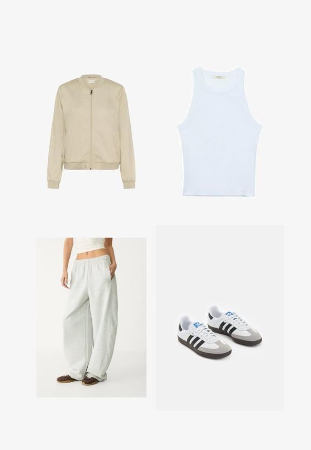 Beige pommientakki, jossa on etuvetoketju, ribatusta kauluksesta ja hihansuista sekä sivutaskuja. Sileä kangas, jossa on matta pinta.; Valkoinen hihaton toppi, ribbed rakenne, pyöreä pääntie, hihaton malli, tiukka muoto, hillitty brändäys kauluksella sisäpuolella.; Vaaleat harmaat collegehousut, joissa on joustava vyötärö, sivutaskut ja löysä istuvuus. Valmistettu pehmeästä, tekstuurilla varustetusta kankaasta; sisältää hienovaraisia saumoja.; Urheilukengät, joissa on valkoinen nahkainen päällinen, harmaa mokkanokka ja kolme mustaa raitaa. Ominaisuuksina sininen logo kielekkeessä ja kuvioitu kumipohja.