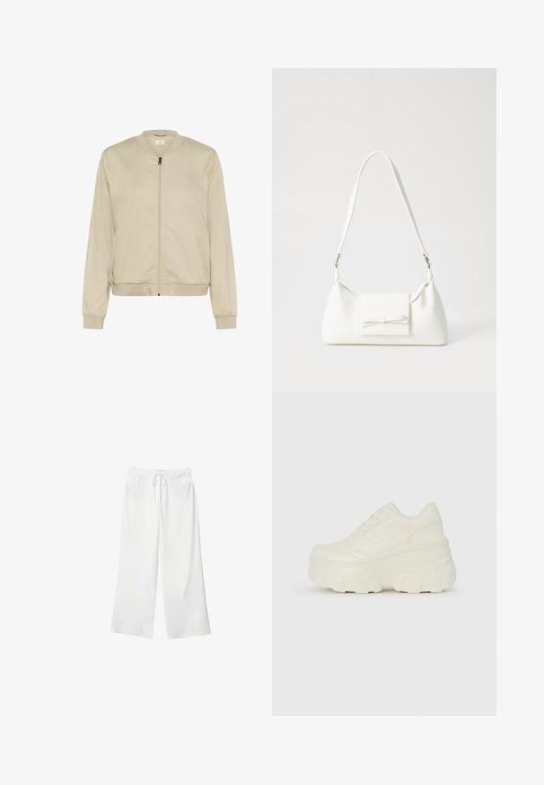 Beige Bomberjacke mit einem Frontreißverschluss, geripptem Kragen und Bündchen sowie seitlichen Taschen. Glattes Material mit matter Oberfläche.; Weißes T-Shirt aus Rippstoff, mit weitem Rundhalsausschnitt und kurzen Ärmeln. Einfaches Design ohne Muster oder Akzente.; Weiße, weite Hosen aus weichem Stoff, mit einem Kordelzug in der Taille und zwei vorderen Taschen. Glatte Textur und keine sichtbaren Muster.; Weiße Platform Sneakers mit einem glatten, lederähnlichen Obermaterial, abgerundeter Form, gepolstertem Kragen und strukturierten Gummisohlen mit ausgeprägten Stollen.; Weiße synthetische Handtasche in dreieckiger Form, flache Vorderklappe und Schleifendetail, verstellbarer Trageriemen, glatte Textur und minimalistisches Design.