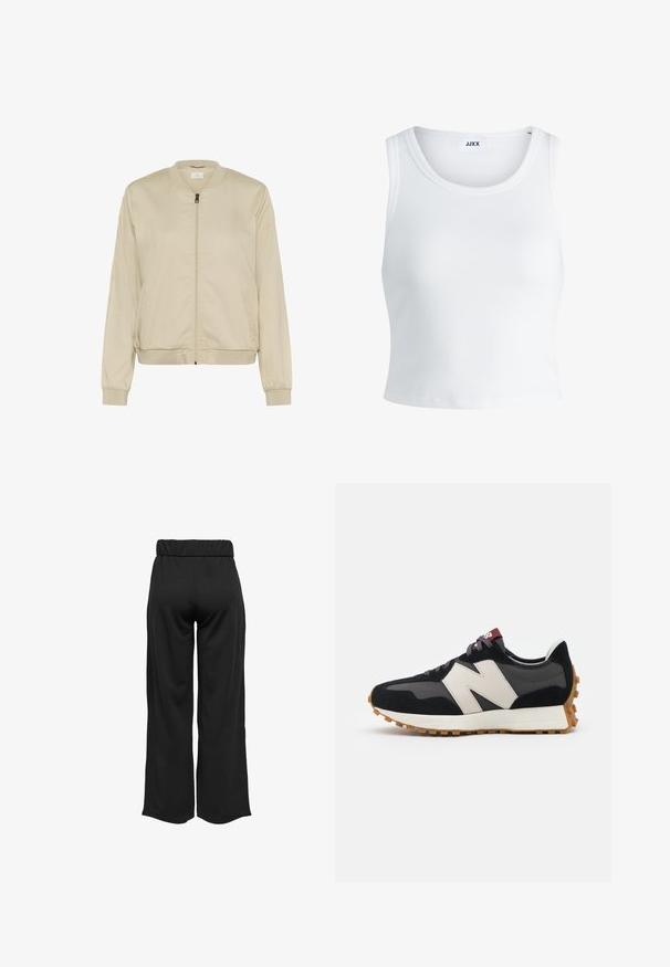 Bež bomber jakna z sprednjim zadrgo, rebrastim ovratnikom in manšetami ter stranskimi žepi. Gladka tkanina z mat končno obdelavo.; Bela rebrasta majica brez rokavov z okroglim izrezom in krajšo dolžino. Oznaka navaja "JJXX." Gladka tekstura tkanine.; Črne hlače širokega kroja z elastičnim pasom, izdelane iz gladkega materiala. Imajo preprost dizajn brez žepov ali vidnih šivov.; Črne in sive semiš športne copate z velikim kremnim logotipom "N", vijoličastimi vezalkami in teksturiranim gumijastim podplatom.