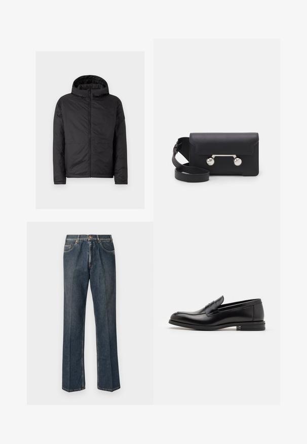 Zwarte capuchonjas met een gevoerde textuur, voorrits en twee lagere zakken. Kenmerkt zich door een gladde afwerking en een eenvoudig, modern ontwerp.; Crème-kleurige gebreide trui met een polo-kraag, geribde manchetten en zoom, voorzien van een voorste placket en een zachte textuur.; Navy blauwe T-shirt met korte mouwen met witte tekst "neanche per sogno" gecentreerd op de borst, ronde hals, maat medium.; Donkerblauwe rechte spijkerbroek met een knoopsluiting aan de voorkant, rits, dubbele voorzakken en zichtbare verticale plooien langs de benen.; Zwarte leren instappers met een gladde textuur, ronde neus en een decoratieve band over de wreef. Lage, gestapelde hak en minimalistisch ontwerp.; Zwarte leren schoudertas met een klep, zilverkleurige hardware en twee ronde accenten. Voorzien van een afneembare schouderriem. Soepele textuur.