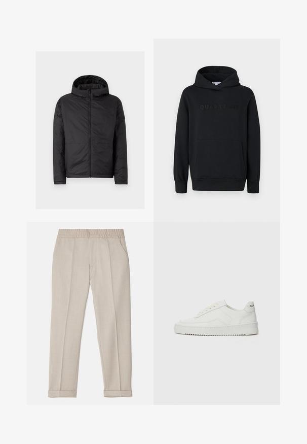 Schwarze Kapuzenjacke mit gestepptem Material, Reißverschluss vorne und zwei unteren Taschen. Sie zeichnet sich durch eine glatte Oberfläche und ein einfaches, modernes Design aus.; Schwarze Kapuzenpullover, weicher Stoff, Pulli-Design, vordertasche im Kängurustil, geprägtes "QUARTZ CO"-Logo auf der Brust, gerippte Bündchen und Saum.; Filippa K TERRY CROPPED TROUSERS - Stoffhose - sage melange; Weiße Ledersneaker mit glatter Oberfläche, runder Zehenpartie, flachen Schnürsenkeln und strukturiertem Sohlenprofil. Mit einem dezenten Logo an der Ferse.