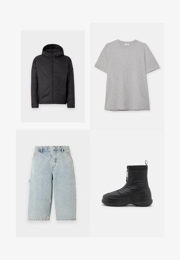 Black hooded jacket with a quilted texture, front zipper, and two lower pockets. Features a smooth finish and a simple, modern design.; Gray short-sleeve T-shirt made from soft, textured fabric. Features a classic crew neck and a straight hem, suitable for casual wear.; Noon Goons RUNAWAY - Denim shorts - washed blue; Black waterproof snow boot with a smooth synthetic upper, zip closure, padded collar, and textured rubber sole. Accented with "MOON BOOT" branding.