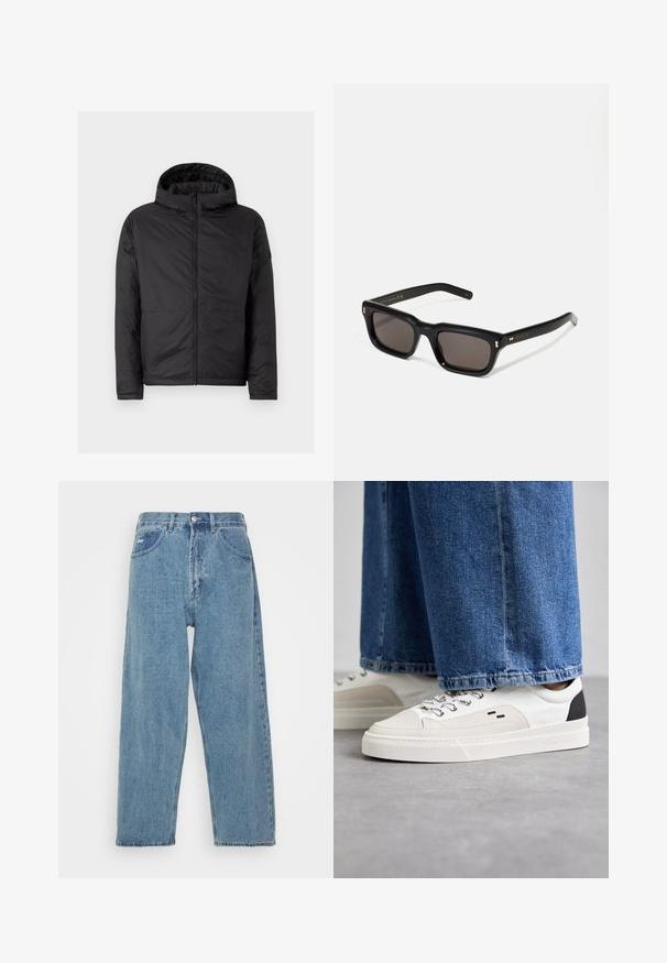 Μαύρο μπουφάν με κουκούλα και τυπωτή υφή, μπροστινό φερμουάρ και δύο κάτω τσέπες. Διαθέτει απλή, μοντέρνα σχεδίαση και λεια υφή.; Γκρίζα κοντομάνικη μπλούζα φτιαγμένη από μαλακό, υφασμάτινο υλικό. Διαθέτει κλασικό στρογγυλό λαιμό και ίσια στρώση, κατάλληλη για ένδυση καθημερινής χρήσης.; Ανοιχτό μπλε τζιν παντελόνι με ψηλή μέση και χαλαρή εφαρμογή, που διαθέτει δύο μπροστινές τσέπες, μια πίσω τσέπη με λογότυπο και κλείσιμο με κουμπί.; Λευκά και μαύρα sneakers με λείο δερματικό επάνω μέρος, υφασμάτινες λεπτομέρειες και χοντρή λευκή σόλα. Διαθέτουν κλασικό σχέδιο με κορδόνια.; Μαύρα ορθογώνια γυαλιά ηλίου με σκούρους φακούς, χοντρό πλαστικό σκελετό, χρυσές λεπτομέρειες στους ναούς και λογότυπο μάρκας σκαλισμένο στο βραχίονα.
