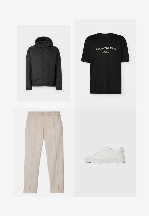 Juoda gobtuvu striukė su siuvinėta tekstūra, priekyje užtrauktukas ir dvi apatinės kišenės. Pasižymi lygiu paviršiumi ir paprastu, moderniu dizainu.; Juodas medvilninis marškinėliai su apvaliu iškirpu, trumpomis rankovėmis ir baltu "EMPORIO ARMANI" logotipu virš "Milano" kreivame dizaino.; Filippa K TERRY CROPPED TROUSERS - Kelnės - sage melange; Balti odiniai sportiniai bateliai su lygia apdaila, apvaliu pirštu, plokščiais raišteliais ir tekstūruotu padu. Pasižymi subtiliu logotipu ant kulno.