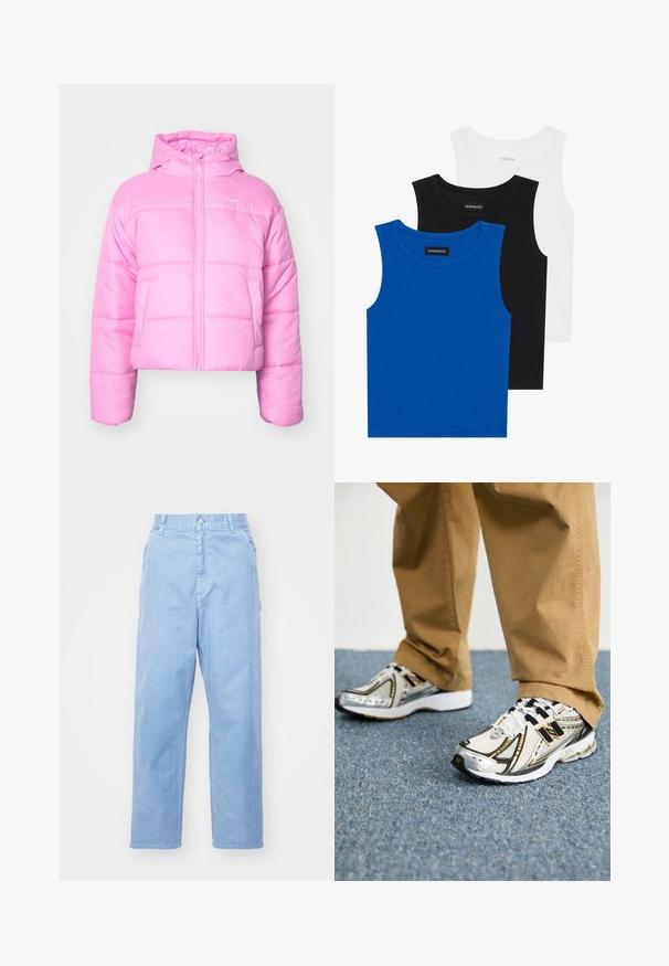 Nike Sportswear Žieminė striukė - beyond pink/white; Trys bešvarkiai marškiniai mėlynos, juodos ir baltos spalvų. Medžiaga yra raštuota, su apvalia iškirpte. Kiekvienas marškinys turi etiketę su užrašu „even&odd.“; Šviesiai mėlynos džinsinės kelnės tiesaus kirpimo, su sagčių uždarymu ir priekinėmis kišenėmis. Audinys turi subtilią tekstūrą ir glotnų paviršių.; Balti ir sidabriniai New Balance sportbačiai su juodais akcentais ir raišteliais, turintys tinklinę viršutinę dalį, paminkštintą padu ir dinamišką dizainą.