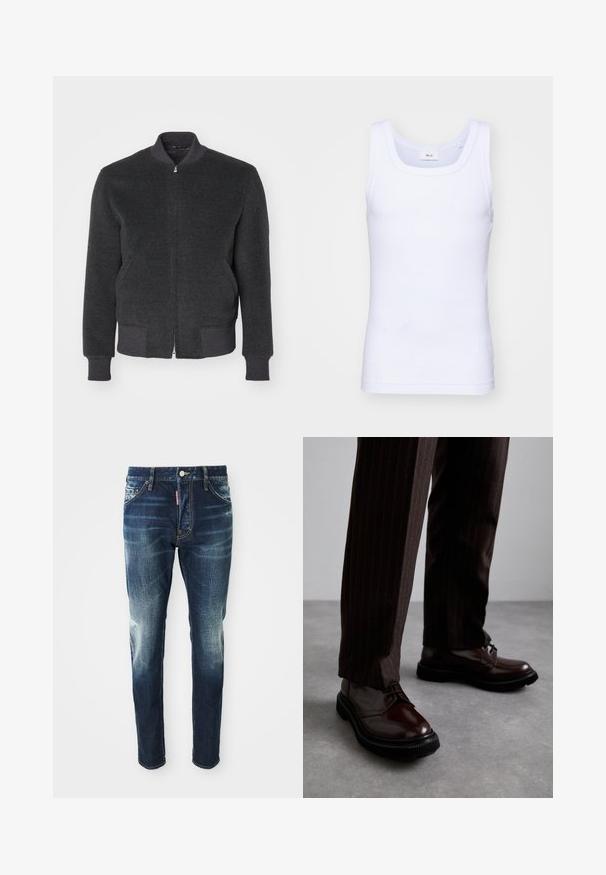 Tamsiai pilkas vilnos ir sintetinių pluoštų bomberio švarkas su užtrauktuku priekyje, raukšlėtu apykakle, rankogaliais ir apatine dalimi. Pasižymi lygiomis tekstūromis ir srautiniu dizainu.; Balti medvilninė be rankovių marškinėliai su apvaliu iškirpimu, pasižymintys lygiu tekstūru ir prigludusia forma, skirti kasdieniam dėvėjimui.; Tamsiai mėlynos džinsinės kelnės su siauru sijonu, su išblukusiomis vietomis ant šlaunų ir kelių, penkiais kišenėmis ir metaliniu mygtuko uždarymu.; Rudos odinės bateliai su raišteliais, blizgiu paviršiumi, juoda gumine absorbcija ir subtilia siūle. Dėvimi su rudos spalvos dryžuotomis kelnių.