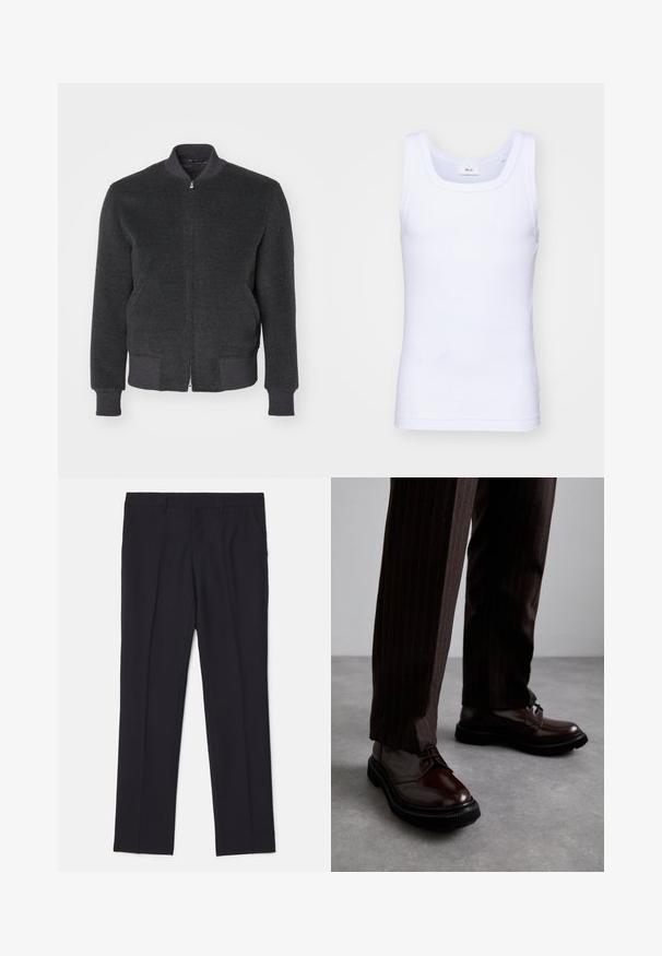 Tmavě šedá bunda bomber vyrobená z vlny s podílem syntetických vláken, se zapínáním na zip, žebrovaným límcem, manžetami a spodním lemem. Disponuje hladkým povrchem a štíhlým designem.; Bílé bavlněné tílko bez rukávů s kulatým výstřihem, s hladkou texturou a přiléhavým střihem, navržené pro volnočasové nošení.; Černé kalhoty na míru vyrobené z hladké látky, s dvěma bočními kapsami, rovně střiženým designem a bez viditelných vzorů nebo akcentů.; Hnědé kožené šněrovací boty s lesklým povrchem, černou gumovou podrážkou a jemným štepováním. Nosené s hnědými pruhovanými kalhotami.