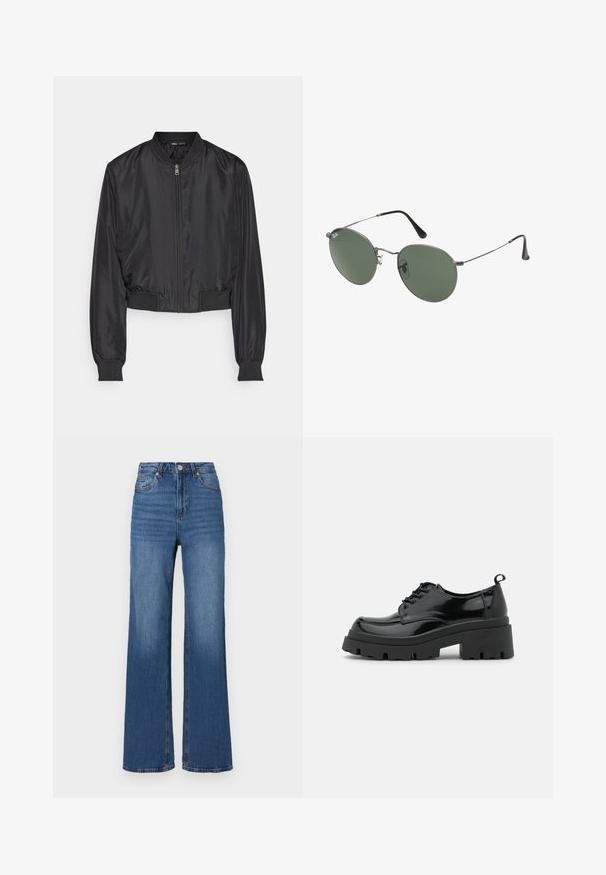 ONLY ALMA - Bomber jakna - black; Denim srajca v temno modri barvi, z ovratnikom, dolgimi rokavi, dvema žepoma na prsih in kontrastnimi šivi.; Modre kavbojke z visokim pasom in širokimi hlačnicami, izdelane iz denima, z značilnim pet-pocket dizajnom in subtilnim bledenjem ob hlačnicah.; Črne lakaste usnjene čevlje z debelim platformnim podplatom in debelimi vezalkami. Okrogla špička, minimalno okrasje in majhen jeziček na hrbtu.; Sončna očala z ovalnimi zelenimi lečami v kovinskem okvirju. Tanjši srebrni kovinski okvir in črne ušesne konice. Minimalistična zasnova, brez vidnih logotipov.