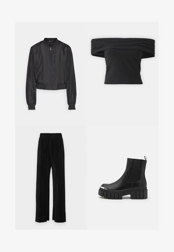ONLY ALMA  - Bomber tipa jaka - black; Melna blūze ar noslīpētu plecu daļu, ar savilkta tekstūra ap kaklu, īsām piedurknēm un pielāgotu, īsu dizainu. Izgatavota no elastīga materiāla.; Melni plīšu bikses ar elastīgu jostu. Tām ir platākas kājas un gluda, teksturēta auduma ar vertikālām svītrām.; Melnas potītes botas, izgatavotas no gludas ādas, ar elastīgām paneļām, biezu platformas zoli un metalizētu purngali.