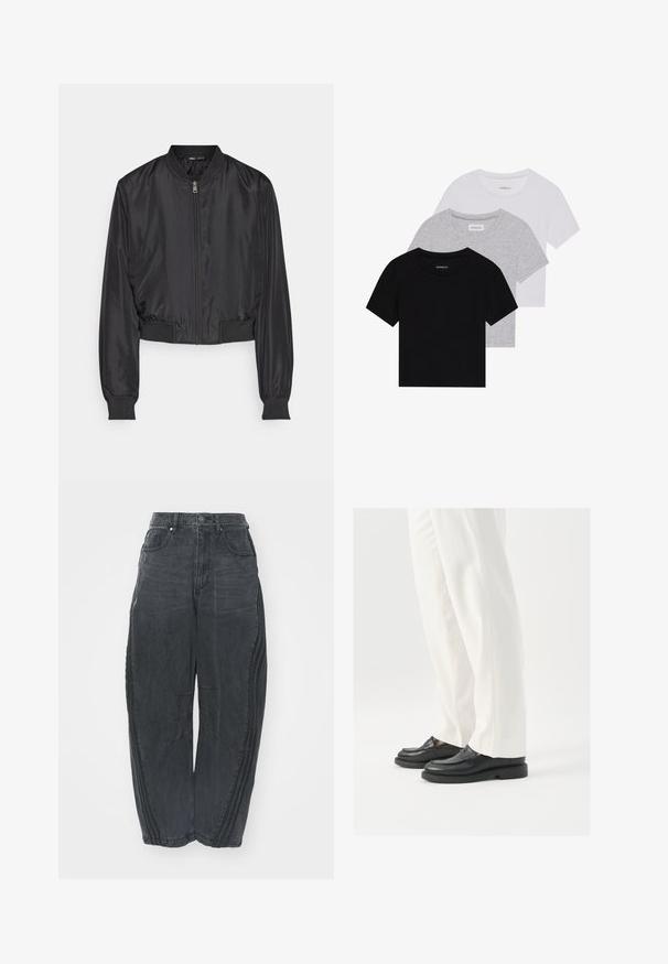 ONLY ALMA  - Bomber-jakk - black; Kollektsioon kolm lühikese varrukaga T-särki mustas, hallis ja valges värvitoonis. Valmistatud puuvillast, ümmarguse kaelusega ja lihtsa, ühevärvilise disainiga.; Kottide mustad teksad, millel on kulutatud viimistlus, viis taskut, vöökoht nööbiga kinnitamine ja õmmeldud detailid ees ja külgedel.; Mustad musta nahast loafers, millel on sile tekstuur, õmblustäiendused ja ümar nina, koos valgete kohandatud pükstega.