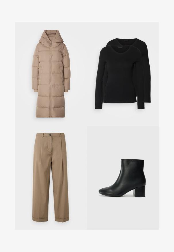 Marc O'Polo PUFFER COAT WITH HOOD SIDE SLITS WITH ZIPPER WELT POCKETS BACKPACK BELTS - Sulemantel - soft mocca; Kaks musta pika varrukaga särk, millel on V-kaelus ja mis on valmistatud pehmest ja venivast kangast, millel on sile tekstuur ja sobiv kuju.; Pruni, laiad püksid, millel on lame eesmine osa koos voldikutega, nööpkinnitus ja pööratud äärised, valmistatud siledast kangast.; Mustad nahast pahkluu saapad terava varbaga ja jämeda kandaga. Sile tekstuur minimaalse aktsentidega ja stiilne, lihvitud disain.