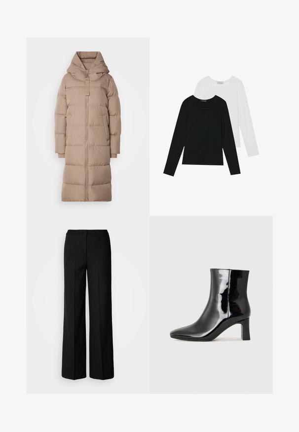 Marc O'Polo PUFFER COAT WITH HOOD SIDE SLITS WITH ZIPPER WELT POCKETS BACKPACK BELTS - Untuvatakki - soft mocca; Kaksi pitkähihainen paitaa, yksi musta ja yksi valkoinen, molemmat neliönmallisella kaula-aukolla ja pehmeästä, joustavasta kankaasta valmistettu.; Mustat leveät housut, joissa on sileä kangas, korkea vyötärö, muotoillut saumat ja minimalistinen muotoilu. Ei näkyvää varustusta tai taskuja.; Musta patenttilakattu nilkkuri, jossa on terävä kärki ja keskipitkä lohkarekorko. Silkkinen pinta ja minimalistinen muotoilu.