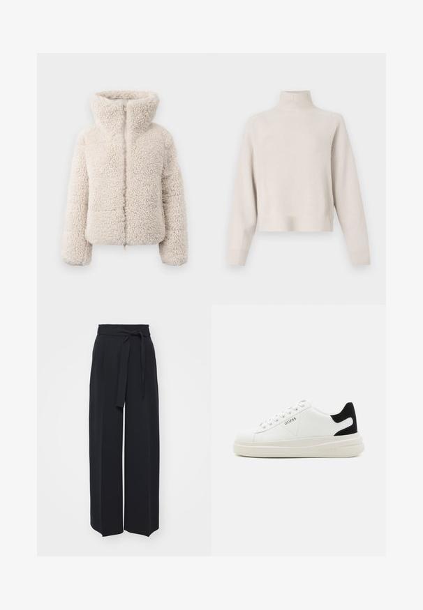 Crème-kleurige faux fur jas met hoge kraag, ritsluiting en een gestructureerde, fluweelachtige oppervlakte. Heeft lange mouwen en een cropped silhouet.; Lichtbeige coltrui gemaakt van zachte stof. Kenmerkt zich door een relaxte pasvorm, ribbelboorden en lange mouwen. Minimalistisch ontwerp.; Zwarte wijde broek van zachte stof. Voorzien van een ceintuur en plooien aan de voorkant. Glad textuur met een strakke, hedendaagse stijl.; Witte leren sneakers met een dikke witte zool, zwarte suède hielaccent en een geperst logo op de zijkant. Vetersluiting met zes oogjes.