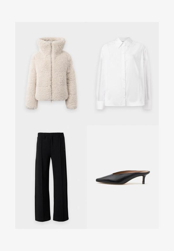Cream-colored faux fur jacket with a high collar, zip closure, and textured, fluffy surface. Features long sleeves and a cropped silhouette.; White long-sleeve button-up shirt in a smooth cotton blend. Features a classic collar, front button closure, and rounded cuffs.; Black straight-leg pants with elastic waistband and subtle textured pattern throughout the fabric on a white background.; Black leather mules with a pointed toe and low, block heel. Smooth texture with a sleek design. Open back with minimal detailing.