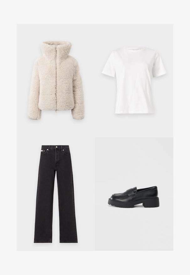Cremefarbene Kunstpelzjacke mit hohem Kragen, Reißverschluss und strukturierter, flauschiger Oberfläche. Verfügt über lange Ärmel und eine cropped Silhouette.; Weißes Baumwoll-T-Shirt mit kurzen Ärmeln, Rundhalsausschnitt und lockerer Passform. Glatte Textur, keine Muster oder Akzente, minimalistisches Design.; Schwarze weit geschnittene Jeans aus Denim mit einem hoch sitzenden Bund, fünf Taschen und einem Metallknopfverschluss mit kontrastierendem Nähte.; Schwarze Lederloafers mit strukturiertem Finish, ausgestattet mit einem rechteckigen Riemen über dem Spann und einem stabilen, gezackten Sohlen-Design.