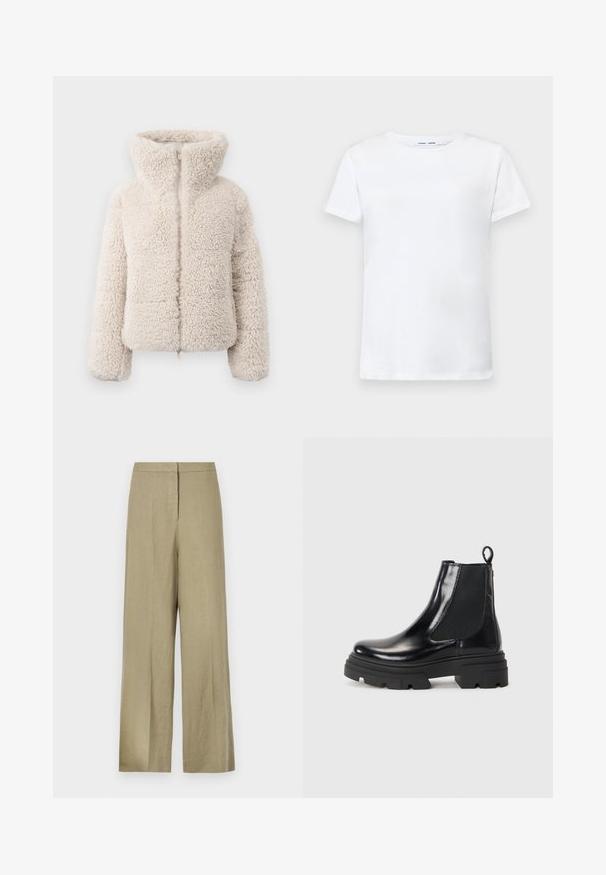 Jachetă din blană sintetică de culoare crem, cu guler înalt, închidere cu fermoar și o suprafață texturată, pufoasă. Dispune de mâneci lungi și un croi scurt.; Tricou alb cu mâneci scurte, fabricat din bumbac, cu design de guler rotund. Textură netedă și croială dreaptă, fără modele sau accente.; Pantaloni largi de culoare verde deschis, confecționați din in. Prezintă un talie înaltă și un design frontal curat, cu o pliu simplu.; Botine din piele neagră, cu un design elegant, panouri laterale elastice și o talpă groasă neagră. Au o etichetă la spate pentru a fi puse cu ușurință.