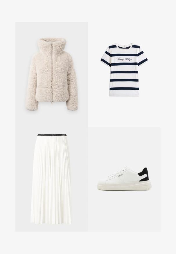 Crème-kleurige faux fur jas met hoge kraag, ritsluiting en een gestructureerde, fluweelachtige oppervlakte. Heeft lange mouwen en een cropped silhouet.; Katoenen T-shirt met horizontale marineblauwe strepen op een witte achtergrond. "Tommy Hilfiger" geborduurd in cursieve letters op de borst. Ronde hals.; Plisséminirok in het wit met een zwarte elastische tailleband met het "LACOSTE"-logo. Middellange ontwerp met een zachte textuur.; Witte leren sneakers met een dikke witte zool, zwarte suède hielaccent en een geperst logo op de zijkant. Vetersluiting met zes oogjes.
