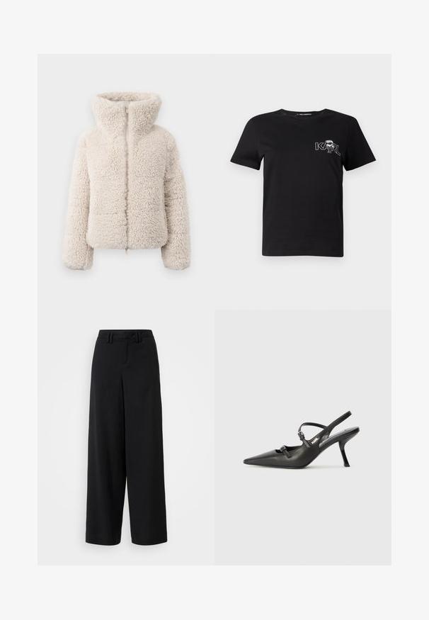 Cremefarbene Kunstpelzjacke mit hohem Kragen, Reißverschluss und strukturierter, flauschiger Oberfläche. Verfügt über lange Ärmel und eine cropped Silhouette.; Schwarzes T-Shirt mit kurzen Ärmeln aus Baumwolle. Mit einem weißen Grafikdesign auf der Brust, das den Text "KARL" und eine stilisierte Figur zeigt. Rundhalsausschnitt.; Schwarze weite Hosen aus glattem Stoff, mit einem flachen Frontdesign, gefältelten Details und Gürtelschlaufen am Bündchen.; Schwarzlederne Slingback-Absätze mit spitzer Zehenform, schlankem Absatz und dekorativem Schnallendetail auf dem Blatt. Glatte Textur und elegantes Design.