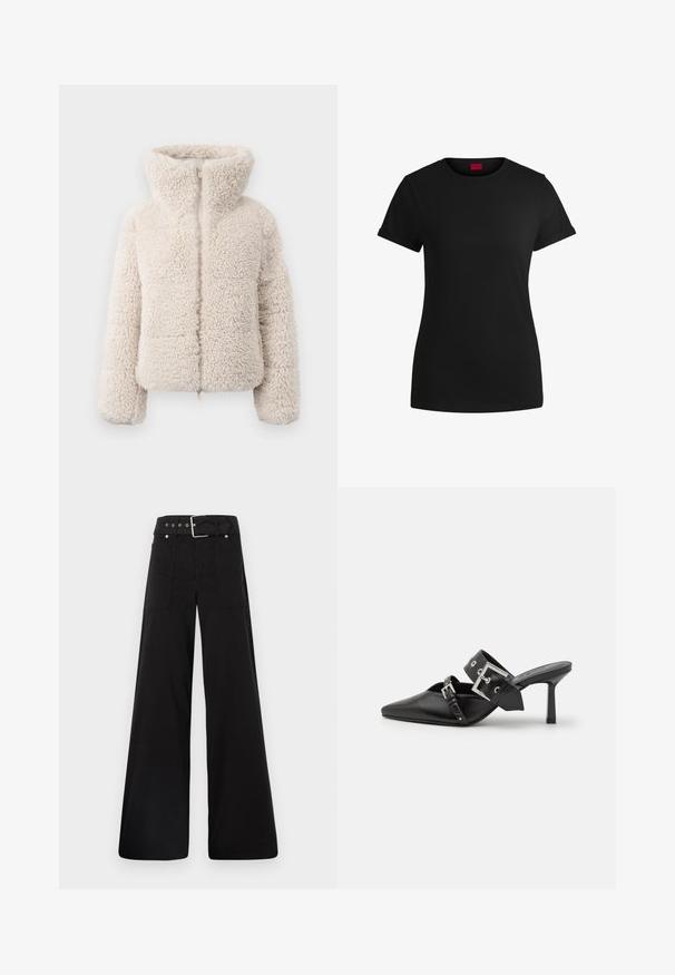 Kremkrāsas mākslīgā kažoka jaka ar augstu apkakli, ar rāvējslēdzēju un teksturētu, pūkainu virsmu. Aprīkota ar garām piedurknēm un īsu siluetu.; Melnas kokvilnas t-krekls ar īsām rullējošām piedurknēm, apaļu kakla izgriezumu un sarkanu etiķeti. Gluda tekstūra, pieguļošs siluets ar minimālu dizainu.; Melna platā kāju bikses, izgatavotas no kokvilnas, ar augstu jostasvietu, lieliem sānu kabatām un jostu ar sudraba detaļām.; Melnas augstpapēžu mūles ar norādītu purngalu, izgatavotas no gludas ādas. Iekļauj plašu potītes siksnu ar kvadrātveida sudraba sprādzi un kniedēm.