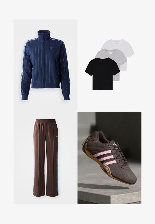Jūrinės mėlynos zip-up tipo striukės su vertikaliomis juostelėmis, aukštu apykaklę, gumbuotais rankogaliais ir prekinio ženklo logotipu. Su gėlių raštuota dekoracija ant rankovių.; Trijų trumpomis rankovėmis marškinėlių rinkinys juodos, pilkos ir baltos spalvos. Pagaminti iš medvilnės, turi apvalų iškirpimą ir paprastą, vientisos spalvos dizainą.; Rudos sportiniai kelniukai su raukšlėtu paviršiumi, elastinga juosta ir turkio spalvos šoninėmis juostelėmis. Priekyje yra adidas logotipas.; Rudos suedinės sportinės bateliai su rožinėmis juostelėmis ir logotipu, turintys tekstūruotą viršutinę dalį, raištelių uždarymą ir guminį padą.