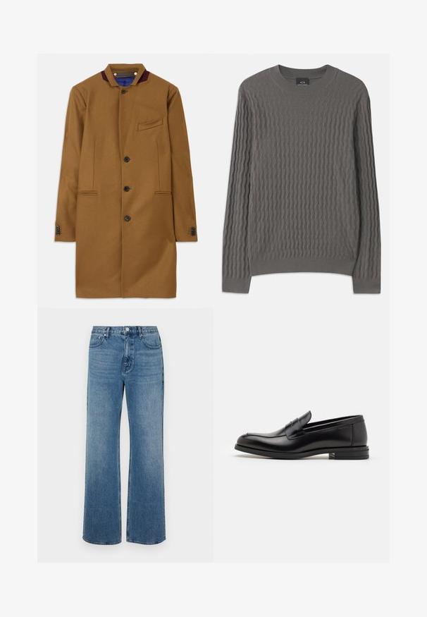 Smeđi vuneni kaput ravnog kroja, s dva prednja džepa, pet crnih dugmadi i bordo akcentom na ovratniku. Sadrži teksturirani materijal.; Armani Exchange Vesta - dark gull zig zag; Široke plave traperice od denima s izblijeđenim završetkom. Imaju pet džepova, prednje kopčanje na gumb i ravni kroj.; Crni kožni mokasini s glatkom teksturom, zaobljenim prstima i ukrasnom trakom preko prednjeg dijela. Niski slojeviti potplat, minimalistički dizajn.