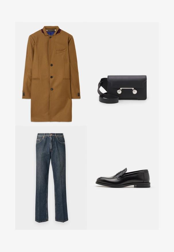 Hnědý vlněný kabát s rovnými liniemi, dvěma předními kapsami, pěti černými knoflíky a akcentem v barvě burgundské na límci. Má texturovanou tkaninu.; Krémový pletený svetr s polokošilovým límcem, žebrovanými manžetami a lemem, s předním zapínáním a měkkou texturou.; Námořnická modrá krátkosrstá tričko s bílým textem "neanche per sogno" umístěným na hrudi, kulatý výstřih, velikost M.; Tmavě modré džíny rovného střihu s předním poutkem, zipem, dvojitými předními kapsami a viditelnými vertikálními záhyby na nohavicích.; Černé kožené polobotky s hladkou texturou, zaoblenou špičkou a zdobným páskem přes nárt. Nízký stohovaný podpatek, minimalistický design.; Černá kožená crossbody taška s klopovým zavíráním, stříbrným kováním a dvěma kulatými detaily. Obsahuje odnímatelný popruh. Hladká textura.