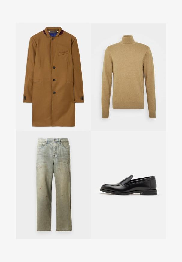 Brun uldfrakke med lige snit, to forlommer, fem sorte knapper og en burgunderfarvet kraveaccent. Har et struktureret stof.; Beige turtleneck sweater lavet af blødt strikstof. Har lange ærmer og en tætsiddende pasform. Ribbet kant og krave. ; Slidte denimjeans i lysegrøn med lige ben, femlommerdesign og ujævn falming med malersplatter.; Sorte læderloafers med en glat overflade, rund tå og en dekorativ strop over vampen. Lav hæl med stabeldesign, minimalistisk stil.