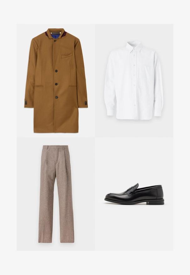 Palton din lână maro, cu croială dreaptă, două buzunare frontale, cinci butoane negre și un accent de guler bordou. Prezintă un material texturat.; Cămașă albă cu guler, având dungi verticale subtile, mâneci lungi, un buzunar la piept și un tiv clasic rotund.; Pantaloni bej, cu talie înaltă, dintr-un material texturat. Prezintă picioare late și două pliseuri frontale pentru structură. Finisaj îngrijit, fără accesorii vizibile.; Mocasini din piele neagră cu o textură netedă, vârf rotund și o curea decorativă peste partea superioară. Toc mic, design minimalist.